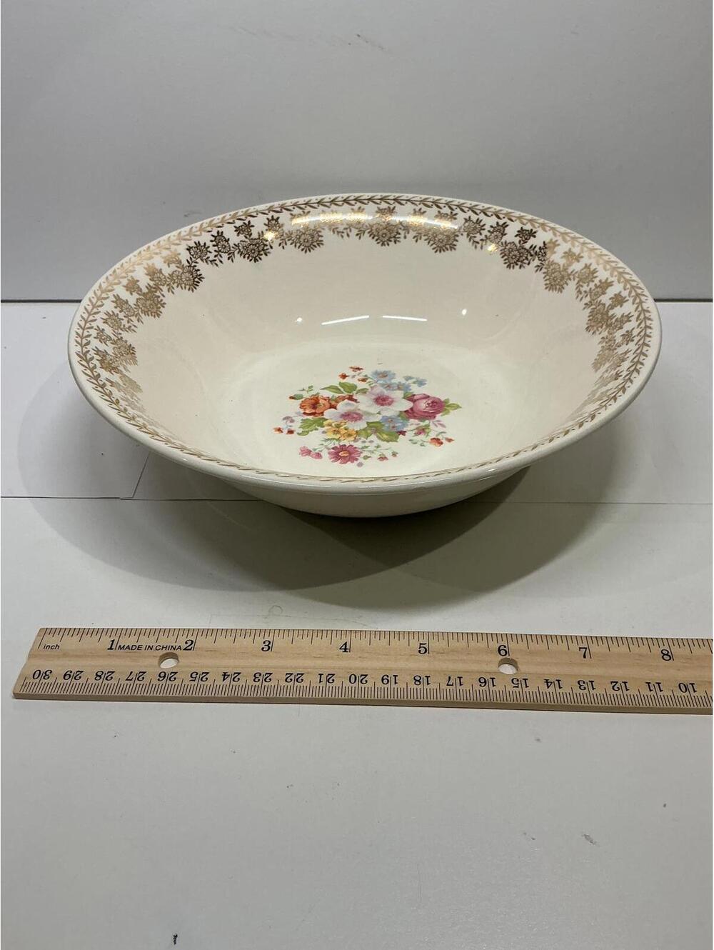 Vintage Floral Serving Bowl Gold Rim Large Ceramic 10” Cottage Style